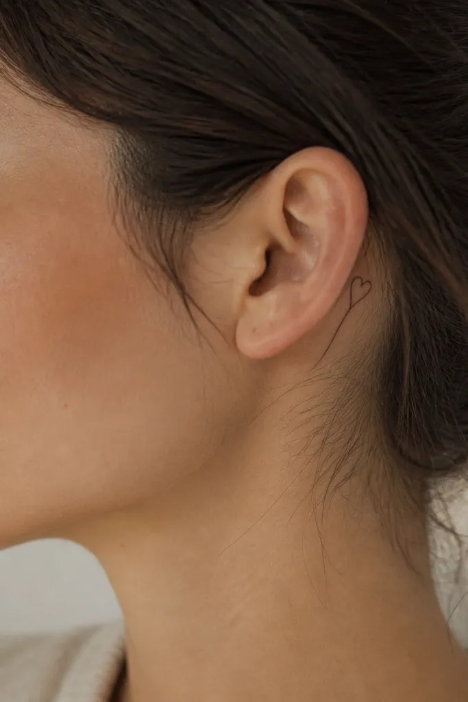 A tiny heart outline behind the ear with a short curved line tail that follows the ear's shape, all in thin black ink.