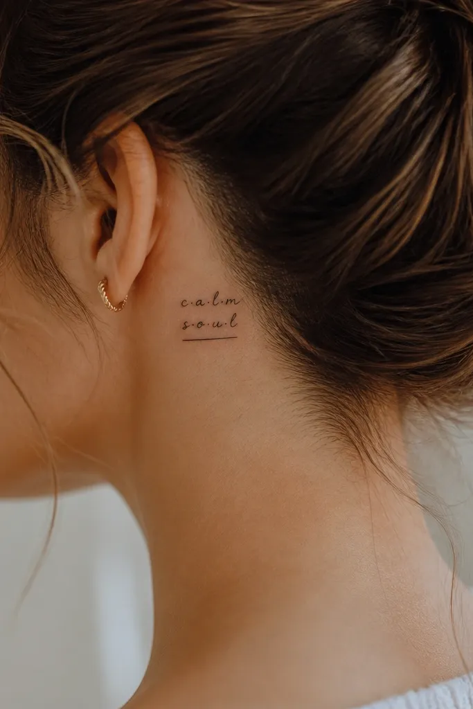 A small two-line script-style nameplate behind the ear in black ink, with a simple underline and tiny dot separators between letters.