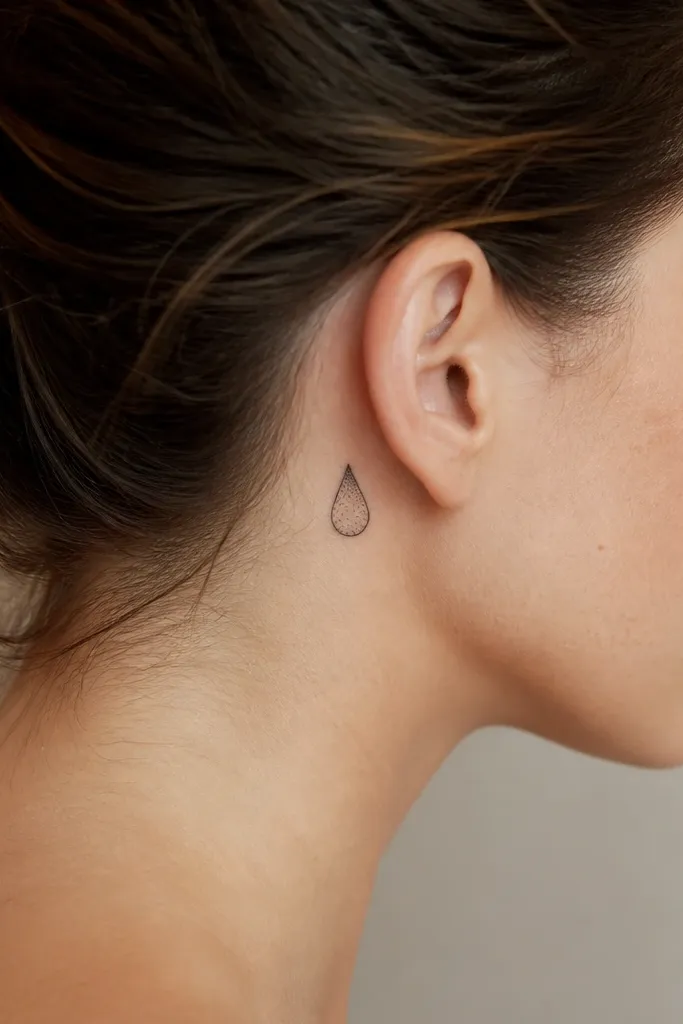 A small teardrop behind the ear filled with soft stippling, with a thin outline and a few darker dots at the top.