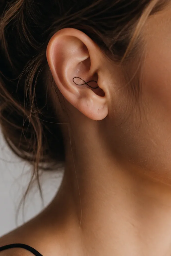 A small black infinity symbol behind the ear, shaped to follow the curve of the ear with thin lines and a clean loop.