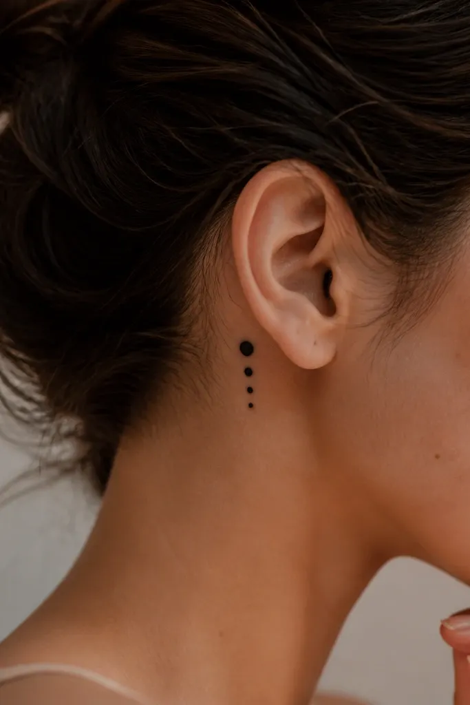 A short line of four evenly spaced black dots behind the ear, with the top dot slightly larger like a pearl pendant.