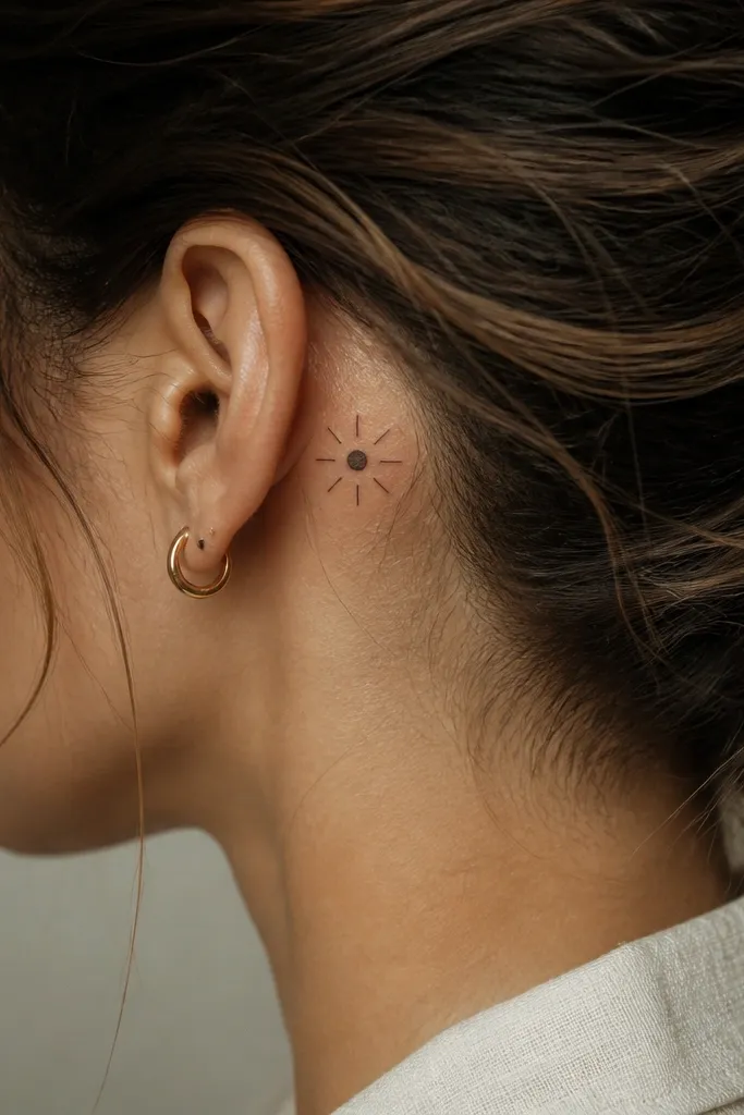 A small sunburst behind the ear, black circle center with six short rays evenly spaced, thin lines.