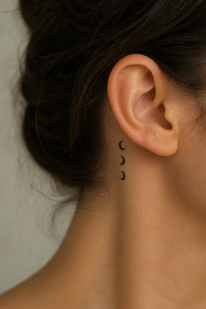 Three tiny black moon phases arranged vertically behind the ear, each about the size of a pea, with clean crescent shapes.