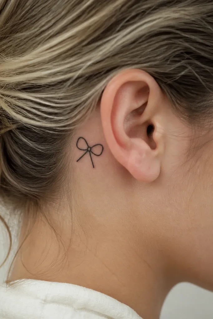 A small ribbon loop behind the ear with a simple knot in the center, black ink outline and a tiny filled knot.
