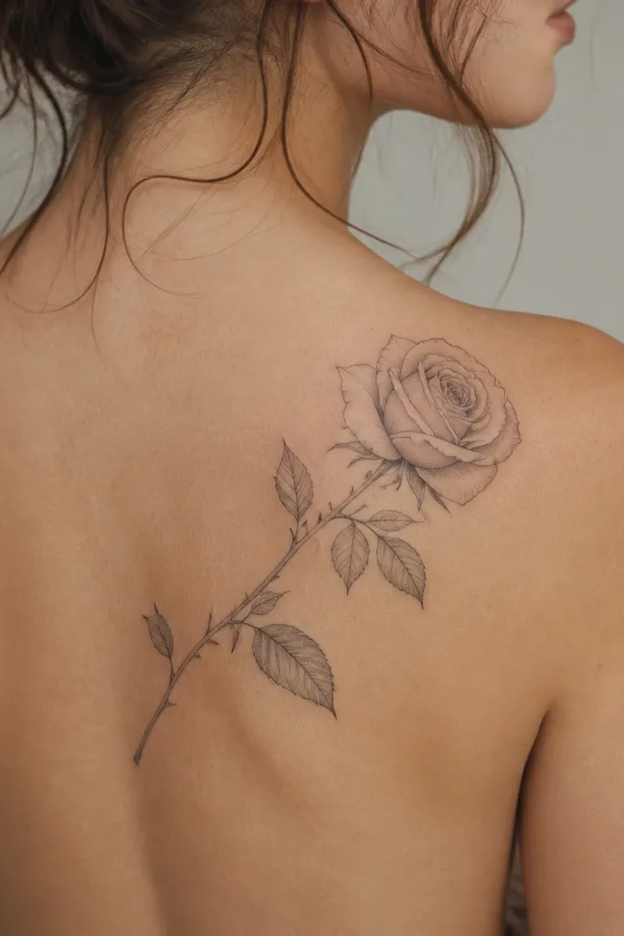 A single rose angled diagonally across the upper back shoulder. The petals are mostly fine lines with soft gray wash, and the veins show through subtle stippling. Thorns are thin and slightly curved, not heavy outlines.