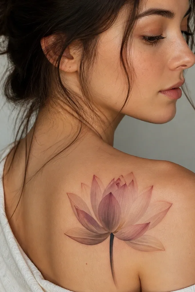A half-lotus bloom with petals that fade into soft color gradients. The outer petals are pale peach and off-white, while the inner petals hold a gentle plum shadow. The stem is minimal and ends near the lower edge of the shoulder tattoo area.