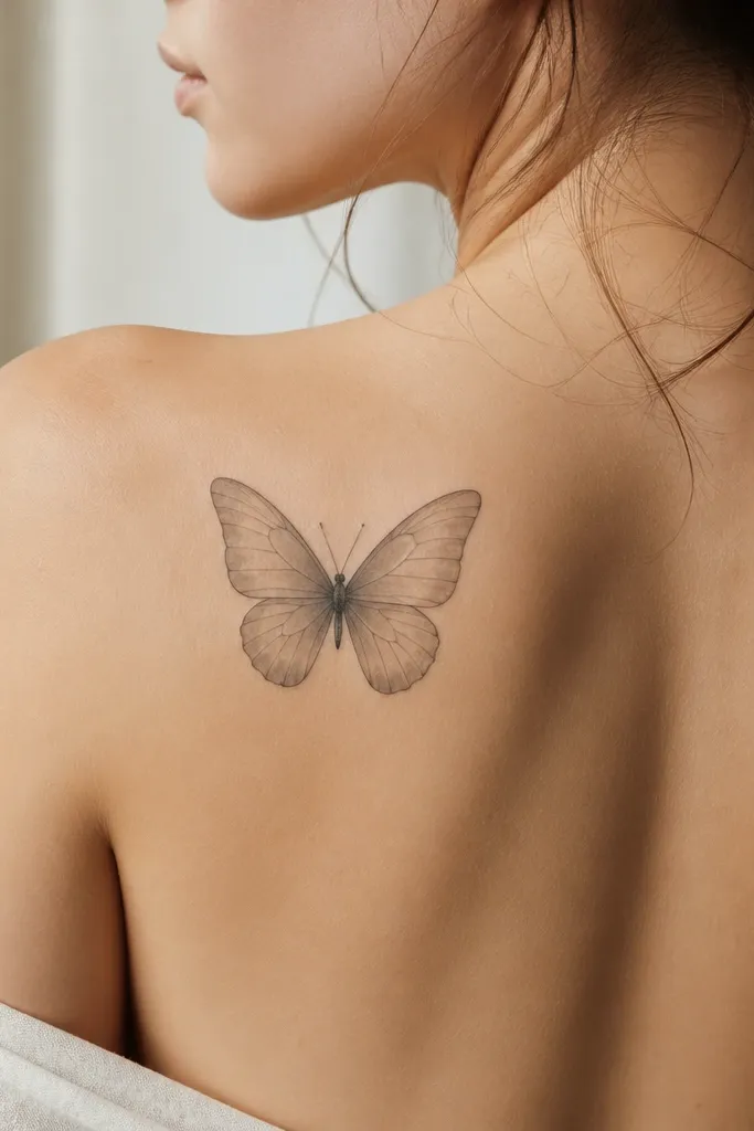 A butterfly with wings spread slightly outward on the back of the shoulder. The outer wing has a fine-line outline, and the inside is filled with light gray wash that fades toward the edges. A couple of antenna lines are thin and delicate.