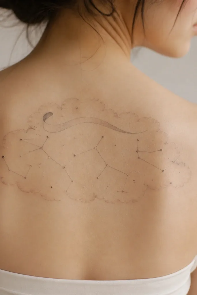 A soft cloud outline forms a gentle frame across the back of the shoulder. Inside the cloud, very small constellation dots connect with short line segments. There's also a faint ribbon-like curve near the top, left blank or lightly shaded.