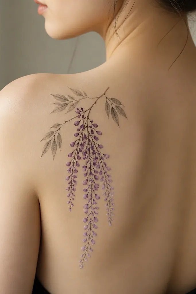A dangling wisteria cluster on the shoulder blade edge. The blossoms are tiny round buds shaded in violet, fading into lilac toward the ends. A few leaves are drawn with fine lines and light gray wash.