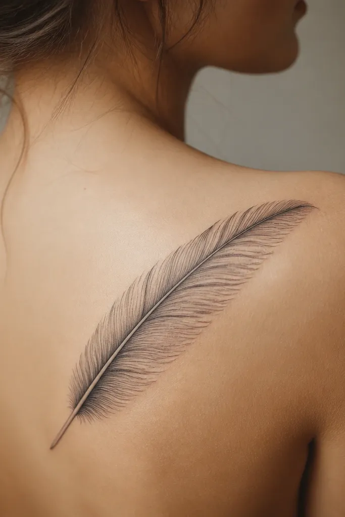 A single feather running diagonally across the back of the shoulder. The feather shaft is drawn with fine line detail, and the barbs have realistic spacing. The bottom half has a gentle gray shadow that makes it look dimensional.