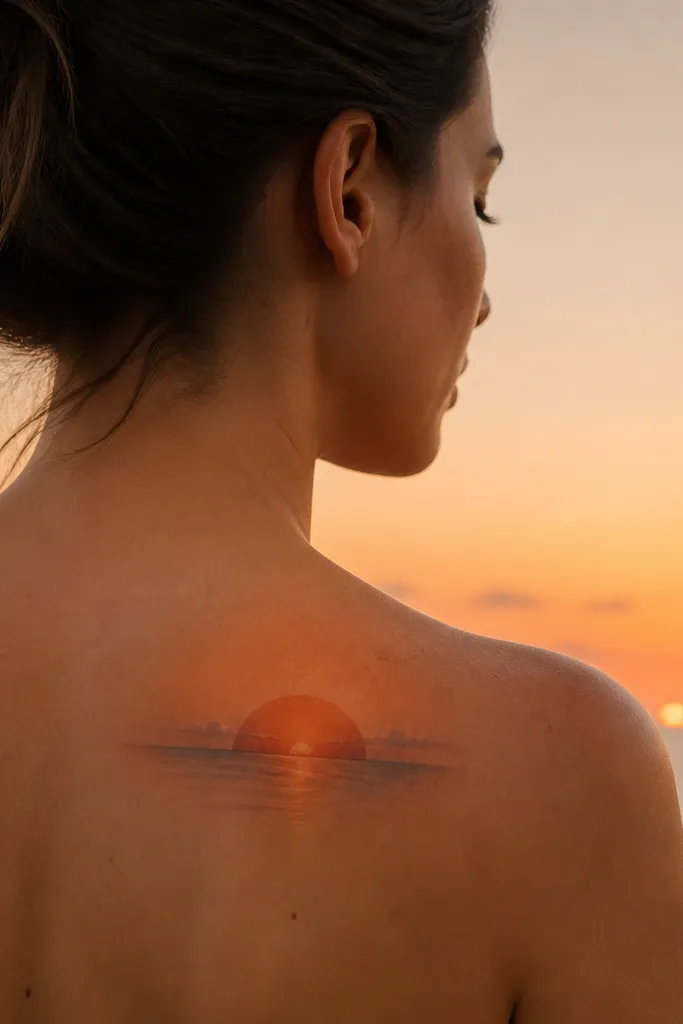 A partial sunset arc on the upper back shoulder. The sky is shaded in soft orange and peach with a smoky fade outward. The horizon line is thin, and a few tiny clouds are suggested with light gray smudges.