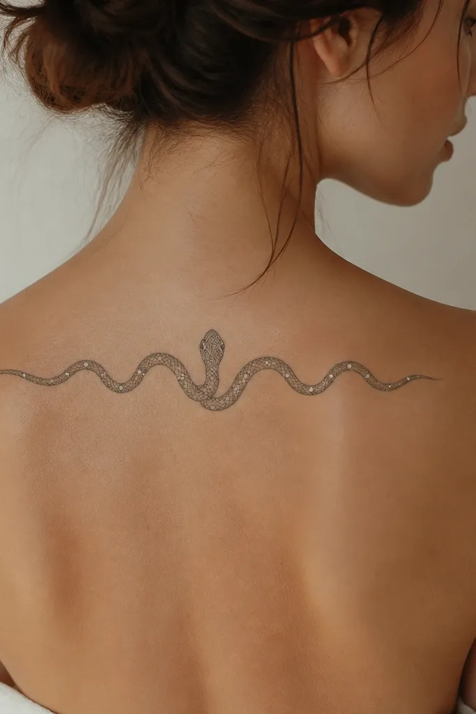 A small serpent forming a crown shape across the upper back shoulder. The scales are drawn with fine lines and light gray shading. Tiny pearl-like dots sit along the serpent's head and coil, catching light.