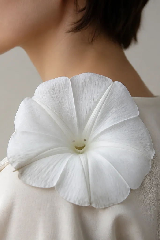 A moonflower bloom with a subtle face-like center. The petals are fine-lined with soft gray wash, and the center has two tiny dot "eyes" and a small curved line like a smile, very minimal. The bloom sits on the shoulder cap.