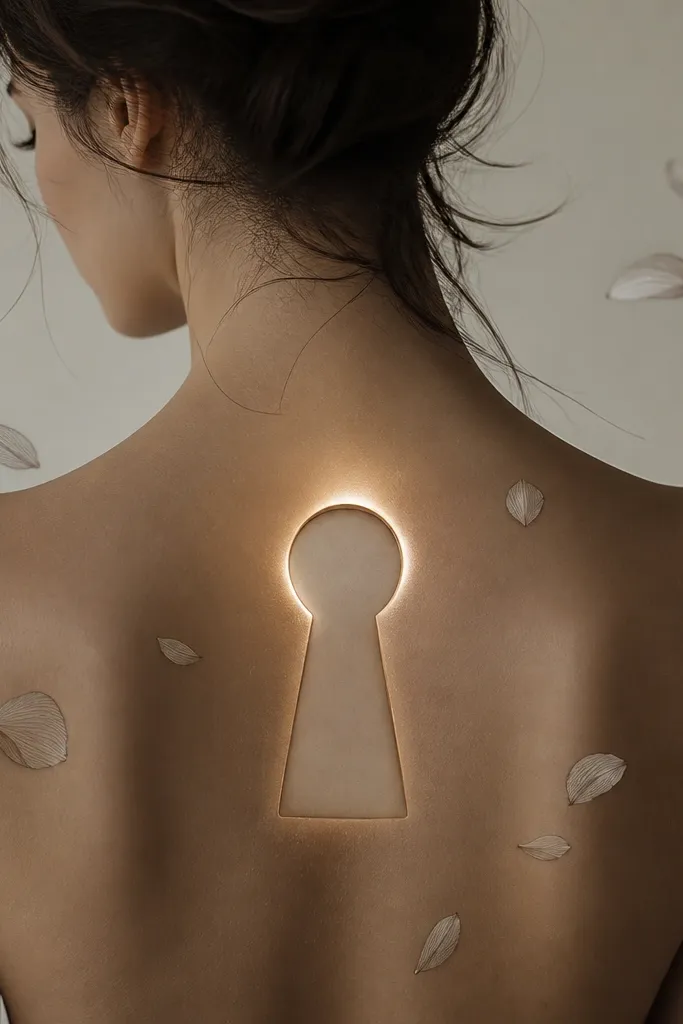 A keyhole silhouette on the back of the shoulder with a soft glow around the top. A few floating petals drift around it, drawn in thin lines with light gray shading. The keyhole interior is left mostly open with subtle shading.