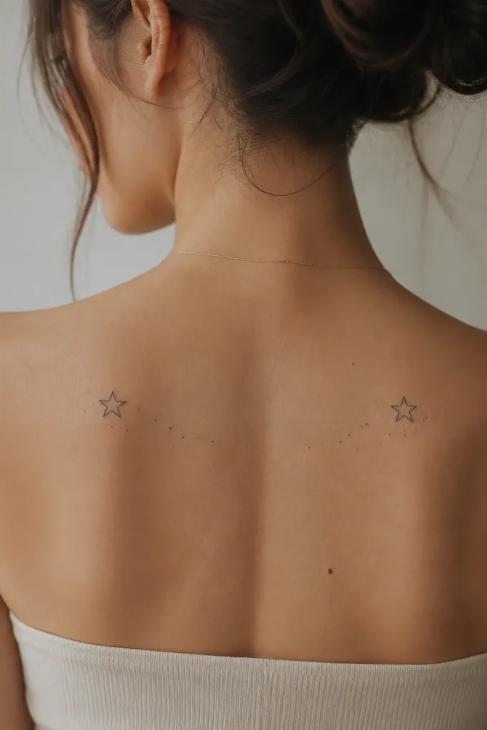 Two small matching stars placed symmetrically across the back of the shoulder area. Each star has fine outlines and a light gray wash inside. A few micro dots connect them loosely, but the spacing stays clean.