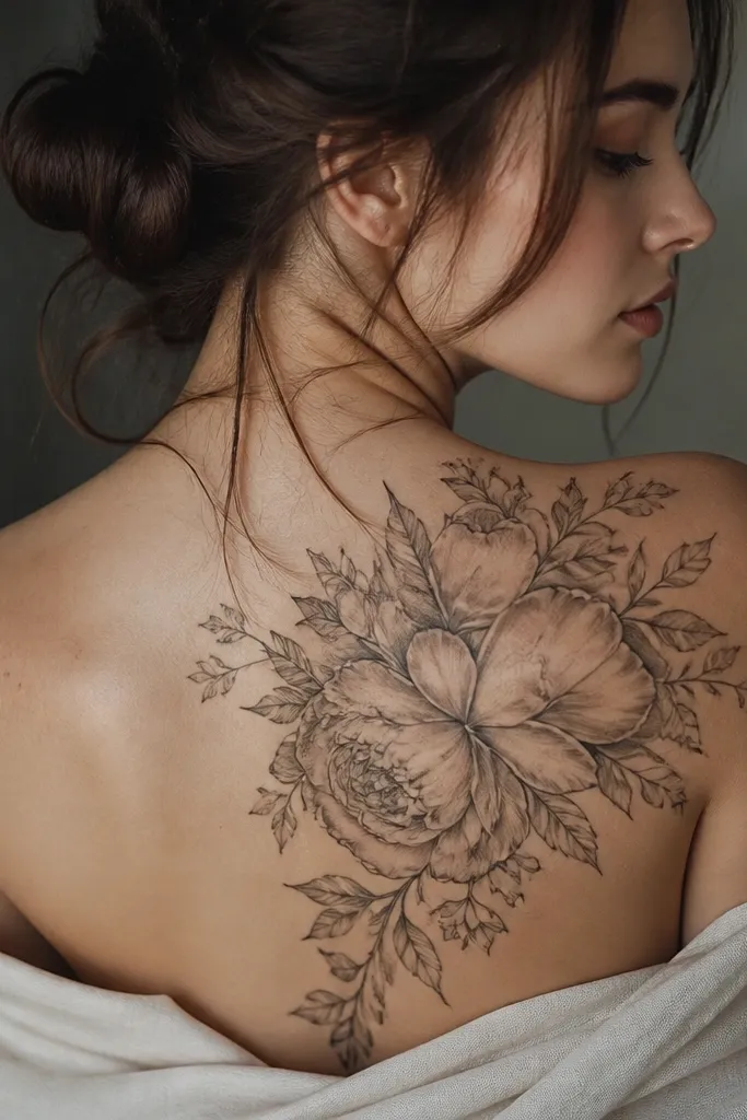 Back of shoulder tattoos for women with dreamy detail