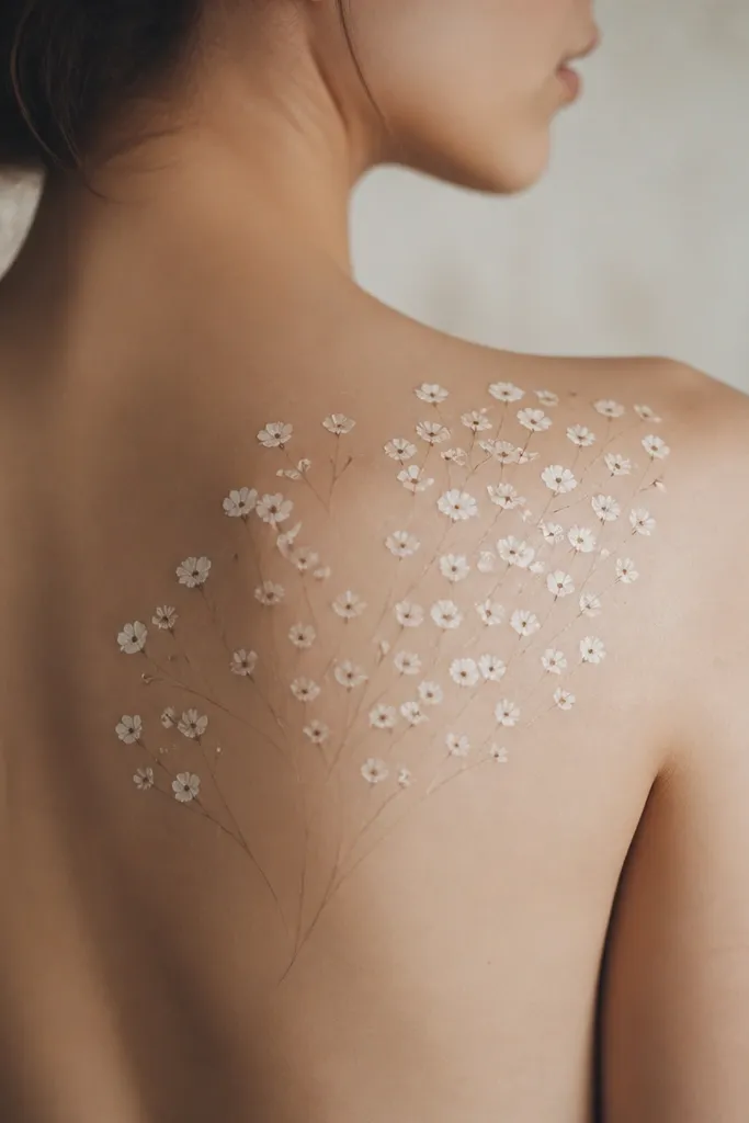 A dreamy spray of small white flower shapes on the back of the shoulder, with tiny dot clusters in the centers and thin stems that fade into negative space.