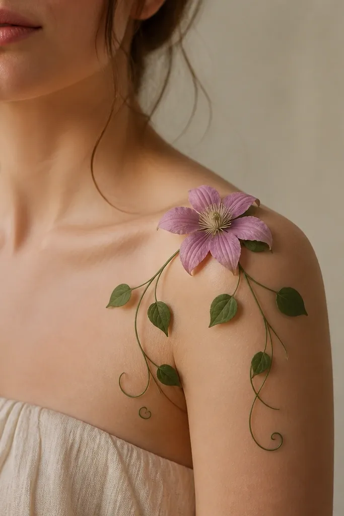 A single open blossom at the top of the shoulder with two vine tendrils curling downward and outward, plus small leaflets along the curves.
