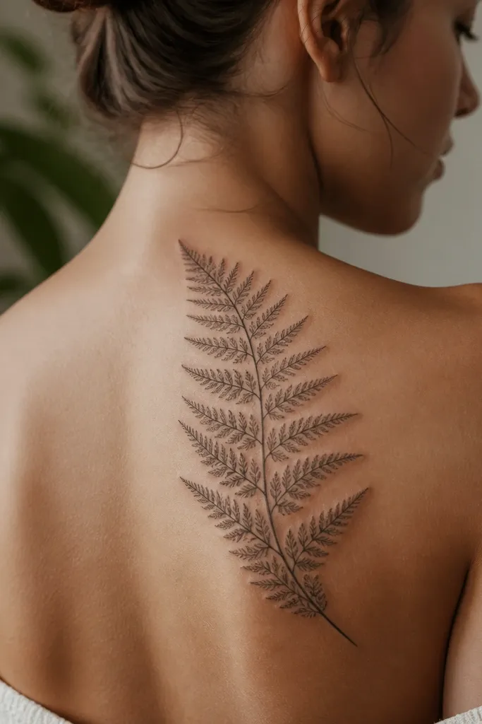 A fern frond shaped like a feather running from the upper back of the shoulder down toward the shoulder blade, with small shading pods along the frond and fine line tips.
