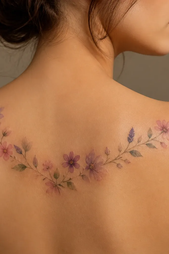 A curved line of small wildflowers and leaves across the back of the shoulder, with soft, cloudy edges around some petals that fade into the skin tone.