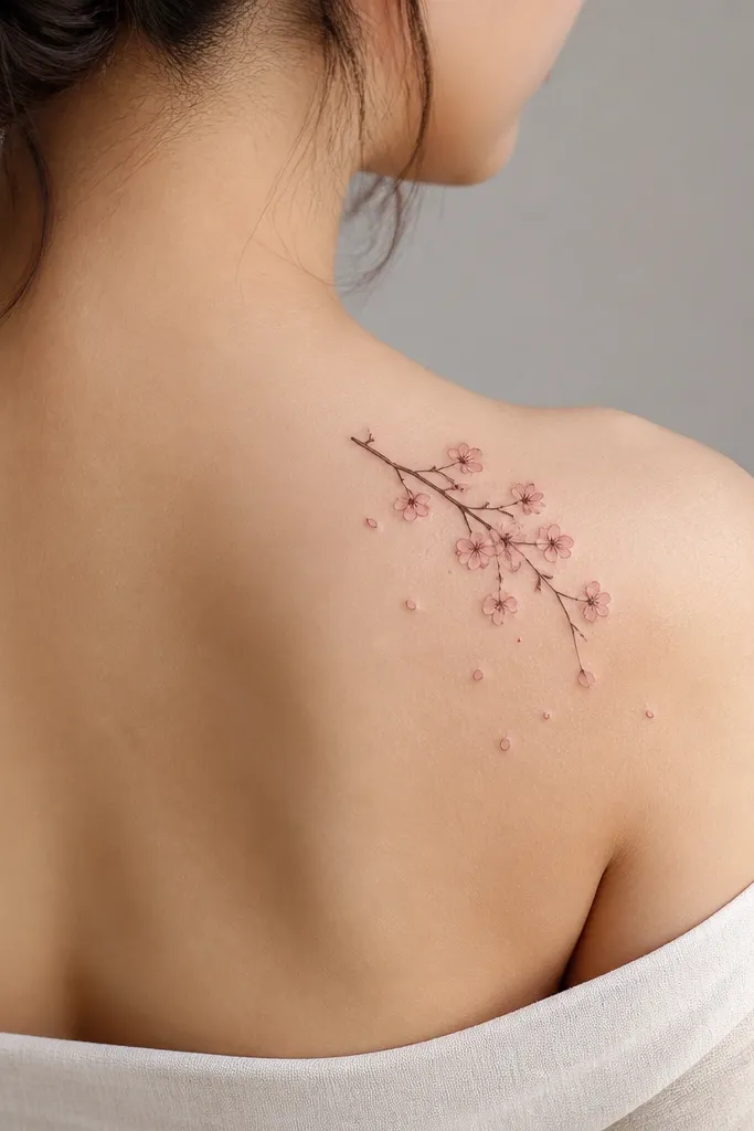 A short cherry blossom branch on the upper back of the shoulder, with several small blossoms made of micro petal lines and tiny falling petal dots drifting downward.