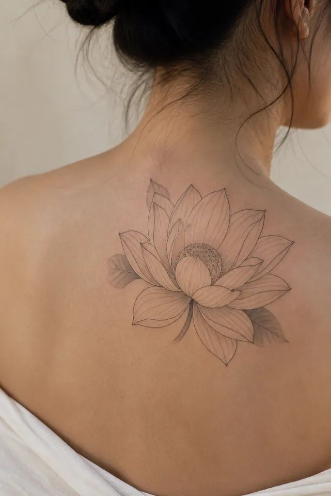 A lotus flower sitting high on the back of the shoulder, with layered petals outlined in thin lines and a stippled seed core in the center; small leaf shadows sit behind it.