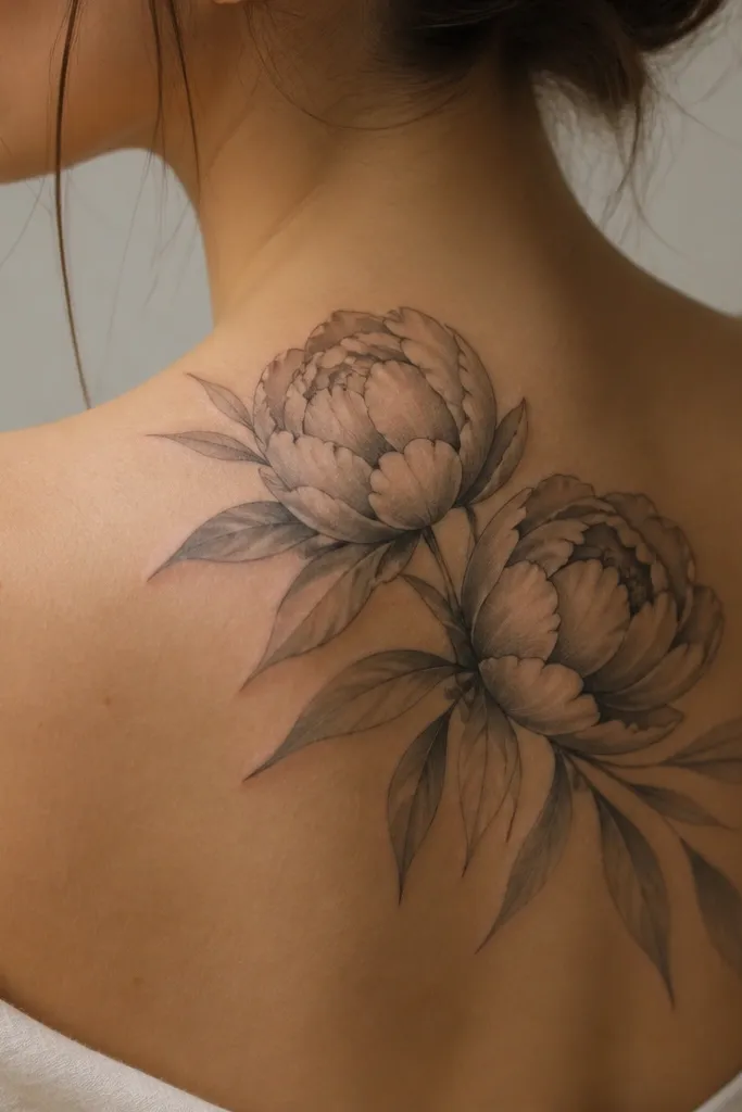 Two peony buds on the upper back of the shoulder, with petal layers outlined thin and shaded with soft gray layers; a few elongated leaves trail outward.