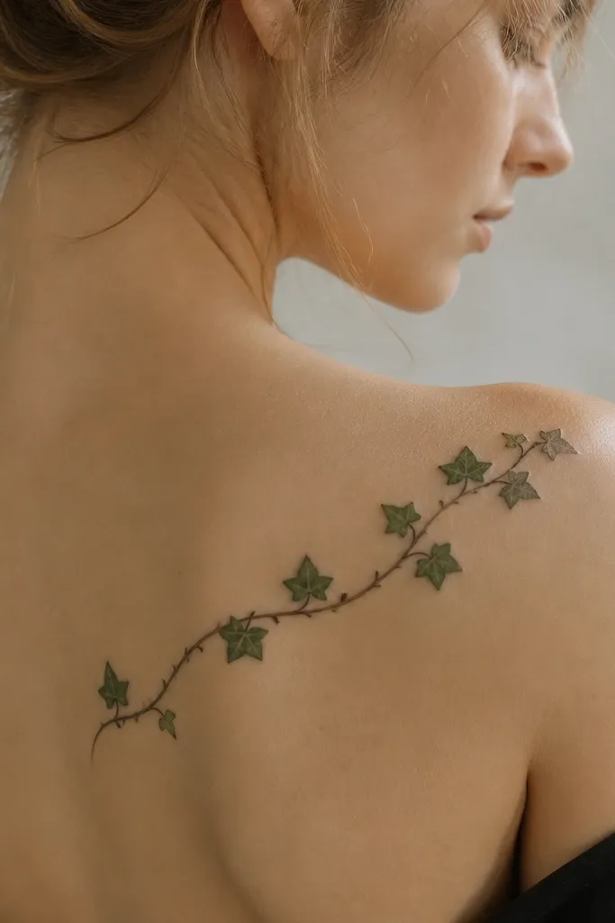 A curved ivy vine across the back of the shoulder with small leaflets, each leaf having subtle pointed ends; a few tiny thorn dots appear near the vine.