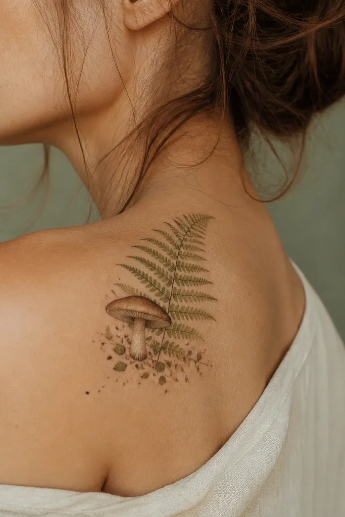 A small cluster featuring one mushroom cap near the top of the shoulder with a fern frond behind it, plus tiny leaf speckles around the base.