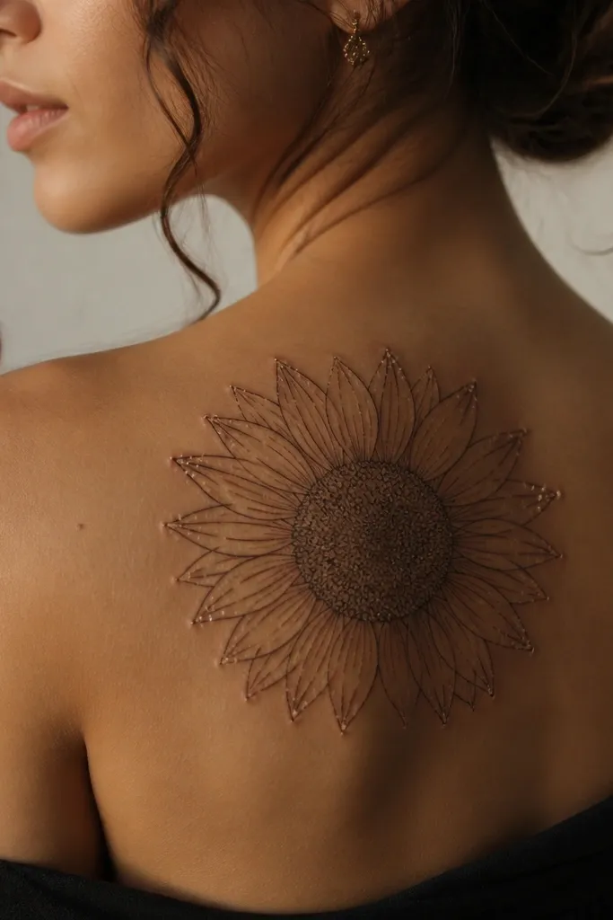 A sunflower on the back of the shoulder with petal outlines and tiny droplet-like highlights along the petal tips; the center has a stippled seed pattern.