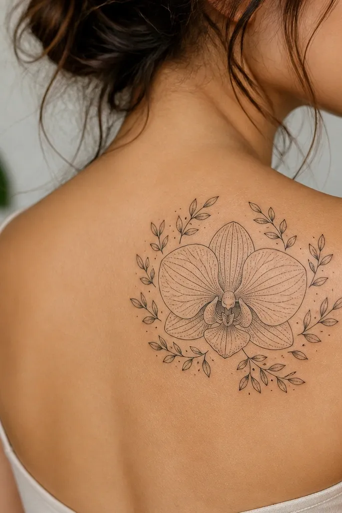 An orchid bloom on the upper back of the shoulder with a halo of small leaflets around it; the petals have fine line patterns and light dot shading.