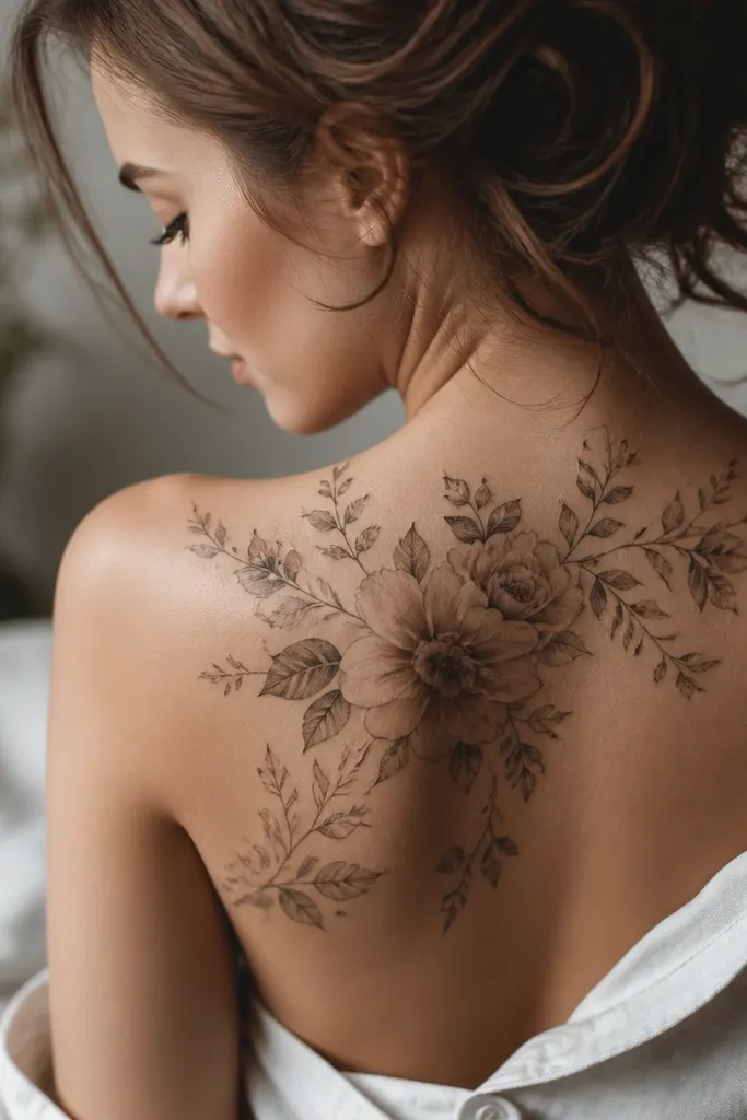 Back of shoulder tattoos for women with dreamy detail