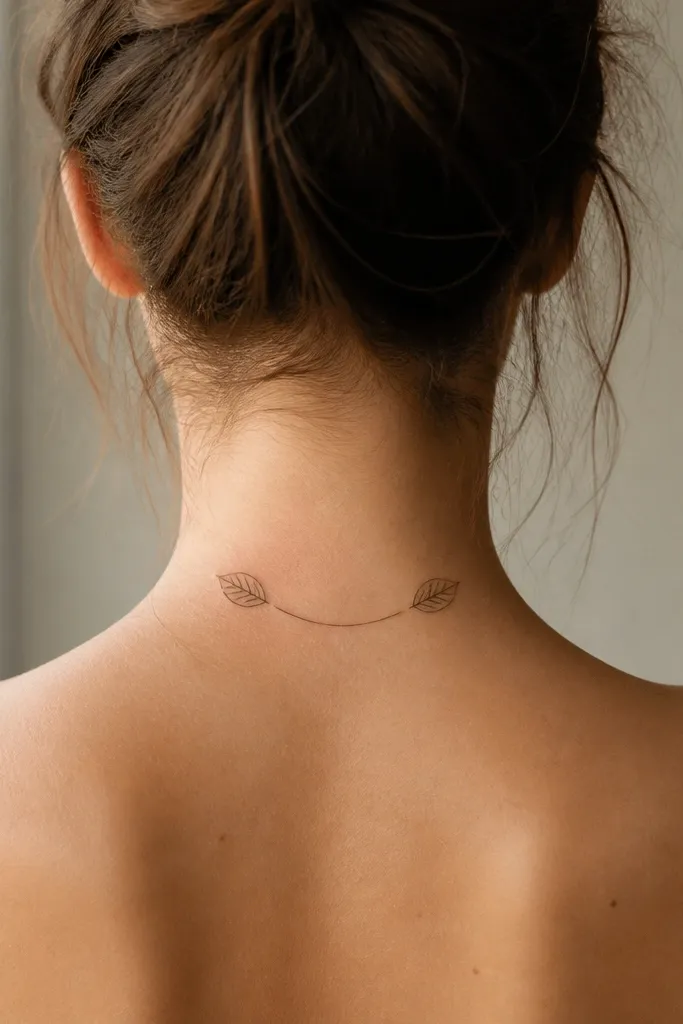 A thin arc across the upper back of the neck with two small leaves on the left and right sides; leaf veins are tiny and crisp.