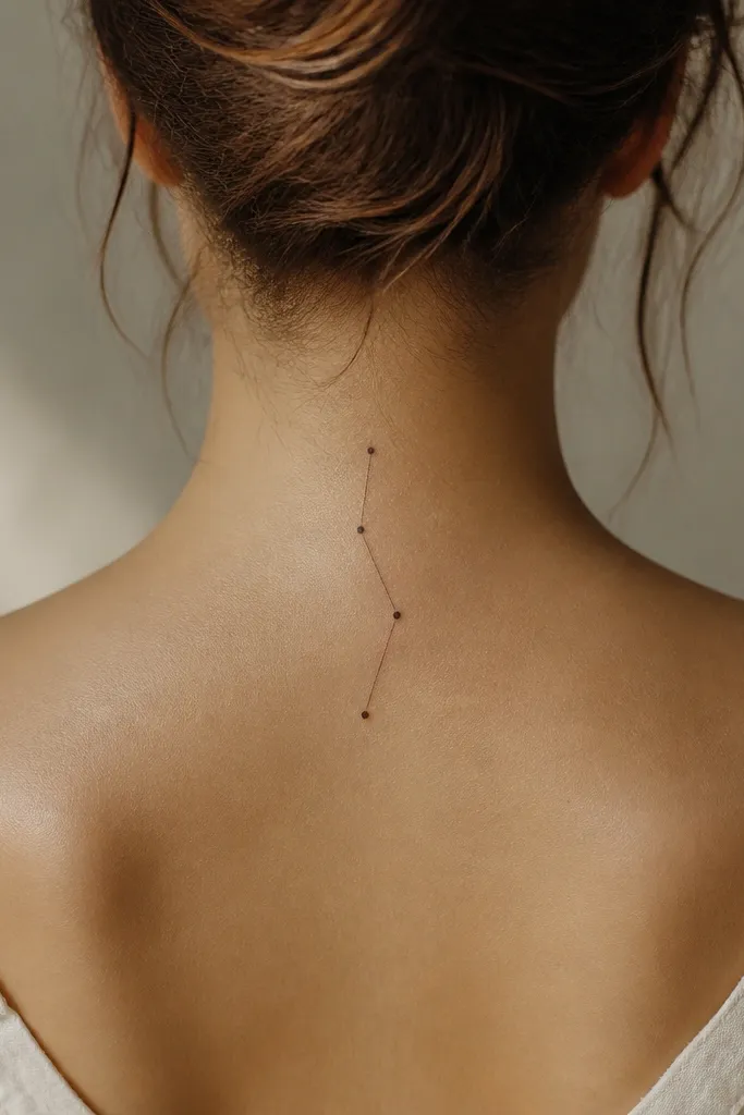A vertical mini constellation made of five small dots and three connecting lines, centered on the back of the neck near the spine.