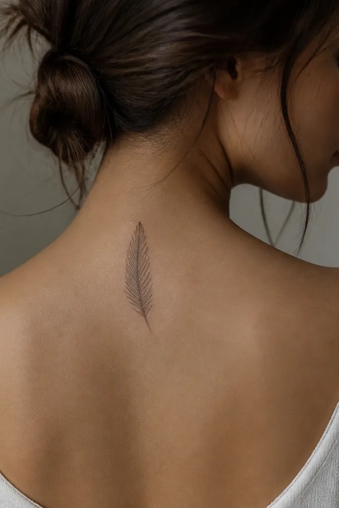 A small feather outline on the upper back of the neck, with barbs drawn as thin lines that leave skin gaps between them.