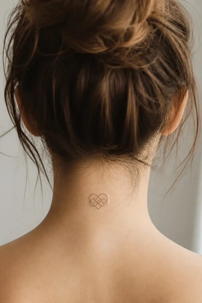 A small heart knot symbol centered on the upper back of the neck, drawn in fine line with two loops forming a heart shape.