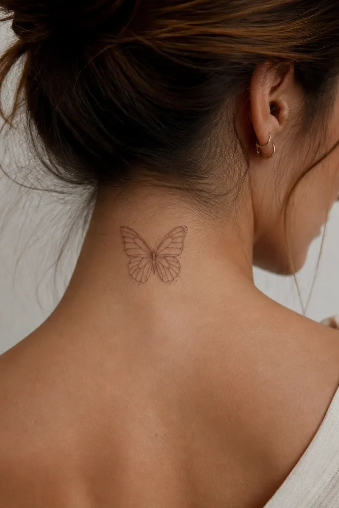 A small butterfly wing sketch on the back of the neck with thin vein-like lines and a few dot accents; no filled color.