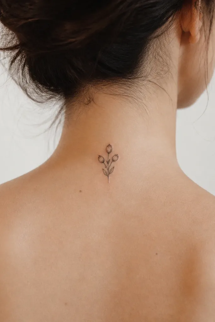 A tiny cluster of three small buds and a couple of leaves, drawn in fine line on the upper back of the neck with lots of empty space.