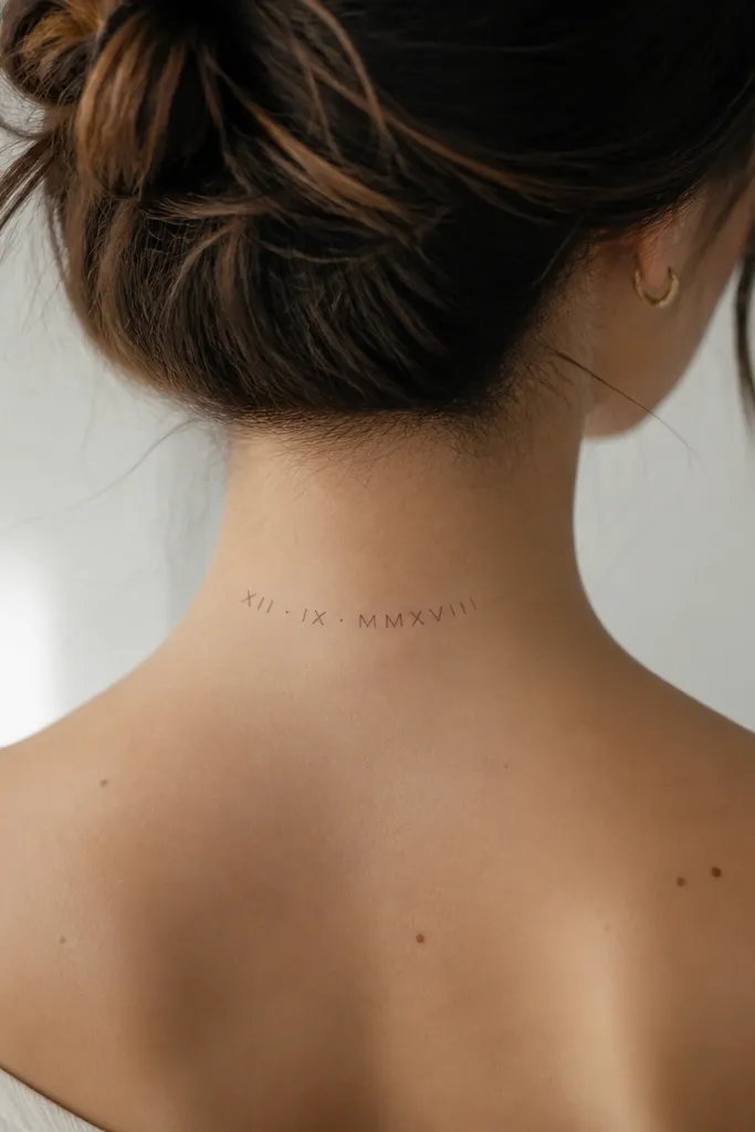 A short set of micro Roman numerals on a slightly curved line across the upper back of the neck; letters are thin and evenly spaced.
