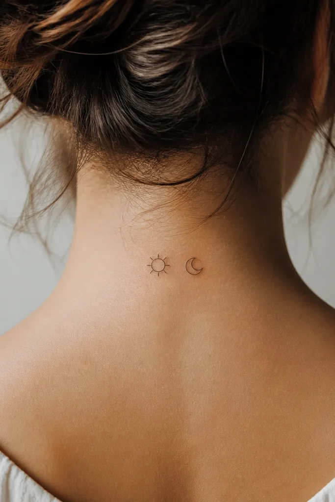 A small outline sun with short rays and a tiny outline moon with a crescent, placed side by side on the upper back of the neck.
