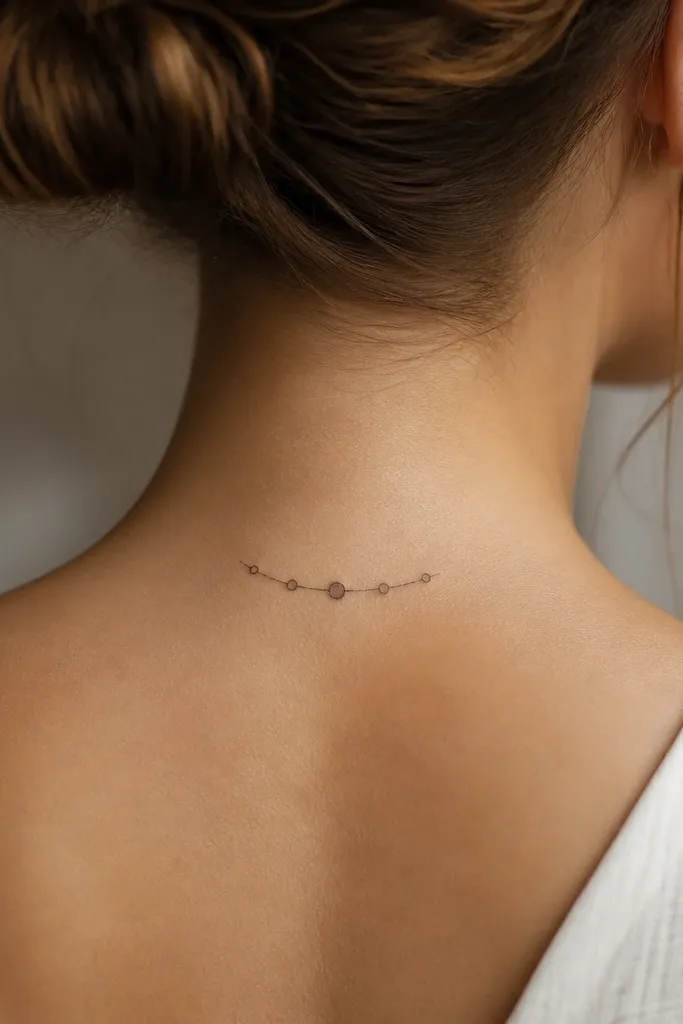 A short curved strand of six tiny bead circles on the back of the neck, with small connecting lines and a slightly thicker bead at the center.