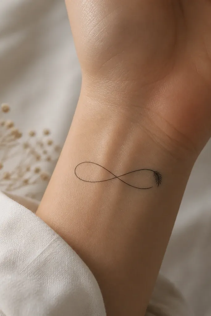 A thin single-line infinity symbol with one end shaped like a tiny feather tip, drawn in black ink.