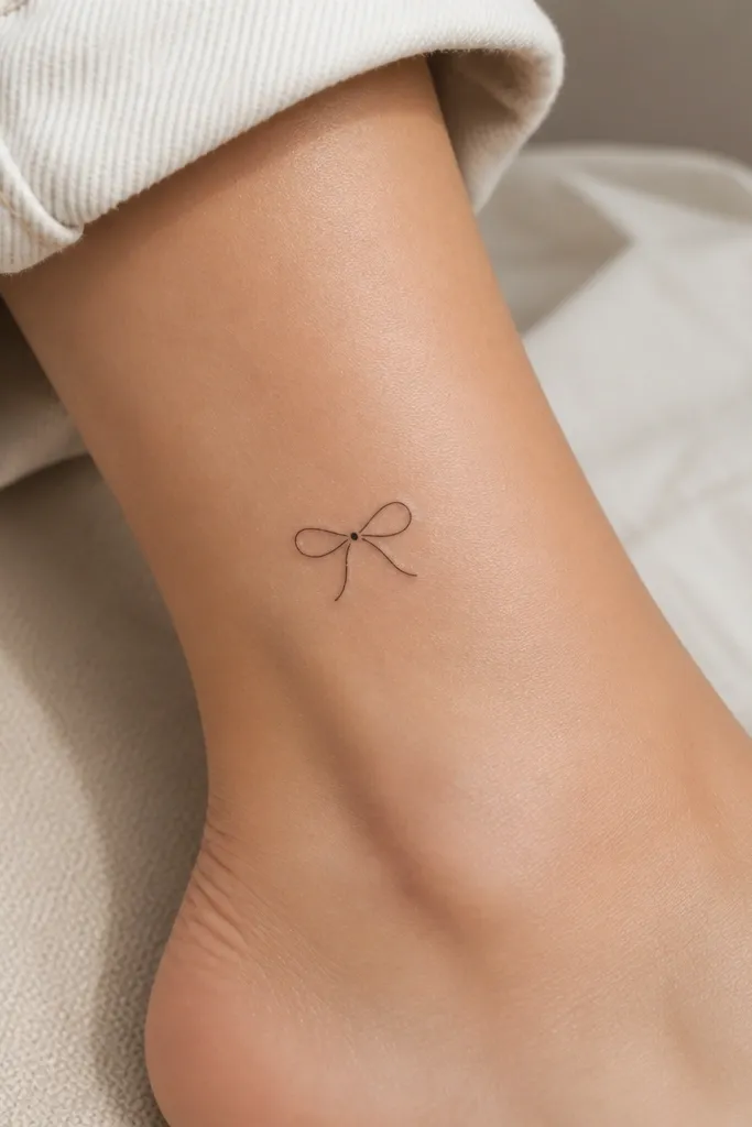 A small bow outlined in fine black line with a single dot in the center; no fill and no shading.
