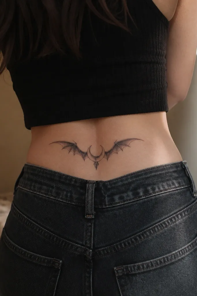 A black bat perched inside a small crescent moon, wings shaded with smooth grey gradients that look like satin. The moon sits above the bat body like a halo.