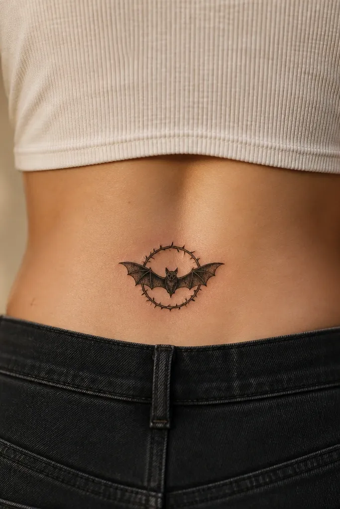 A bat centered over a small ring of tiny thorns, with wings built from stipple dots that create a velvety texture. The body is solid black, thorns are thin and sharp.