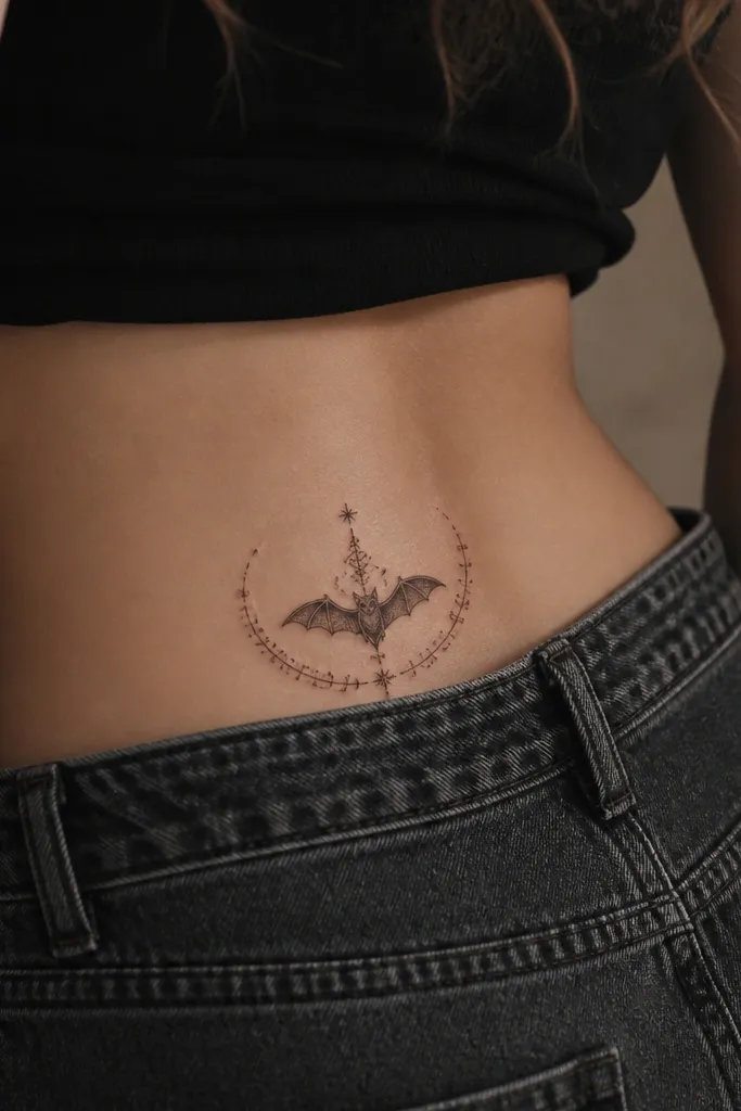 A small bat with wings spread, boxed in by a thin frame of micro runes. The runes are fine-line, the bat is black with minimal grey shading.