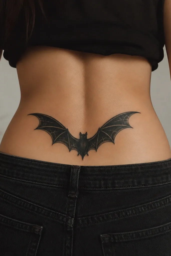 A mostly solid black bat body and wings, but the wings have negative-space vein lines that look like pale gaps cutting through the black. The overall shape is crisp and graphic.