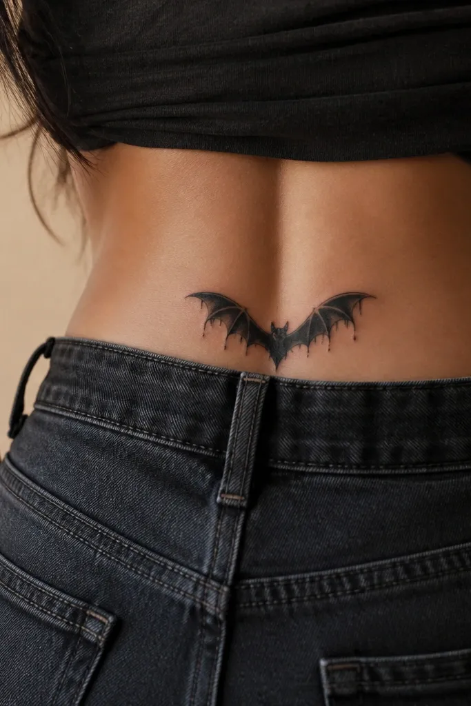 A simple bat silhouette where the wing tips have controlled drip shapes like ink drops. The body is solid black, drips extend outward and down slightly.