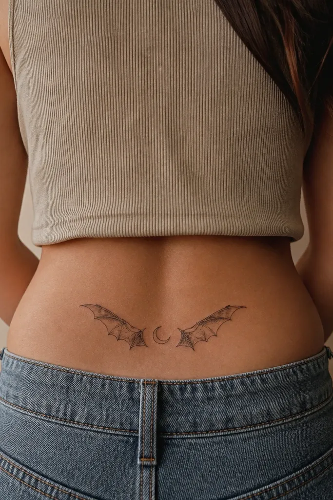 Two small bats facing inward, wings mirrored left and right. A tiny moon sits above them, and the space between bats is clear skin.
