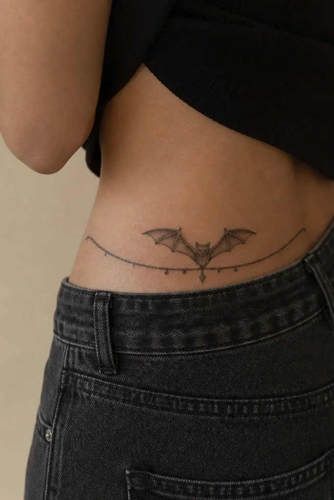A bat sits above a thin chain line that curves like a necklace across the hip ridge. The chain has small links and the bat wings are black with minimal shading.